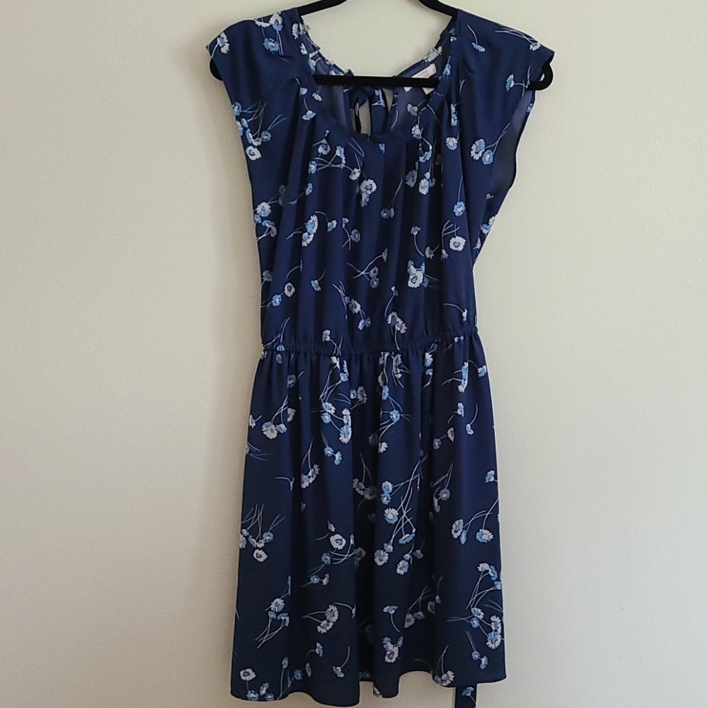 LAUREN CONRAD Blue Floral Tie Waist Dress - Picture 1 of 5